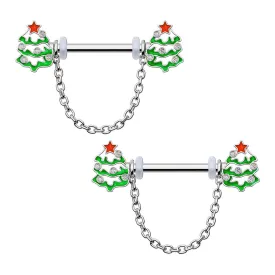 2Pcs 14G Snow Covered Chrismas Tree Dangle Nipple Barbell