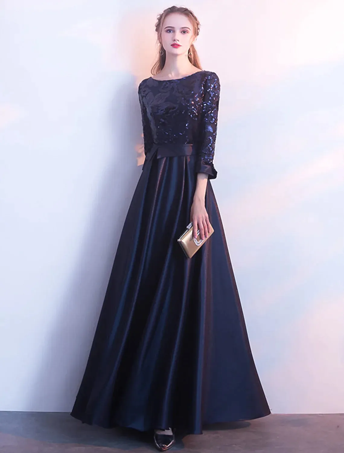 A-Line Bridesmaid Dress Long Sleeve Beautiful Back Floor Length Satin Tulle Sequined