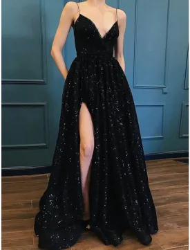 A-Line Evening Gown Elegant Dress Formal Sweep / Brush Train Black Dress Sleeveless Spaghetti Strap Sequined with Glitter Pleats Slit