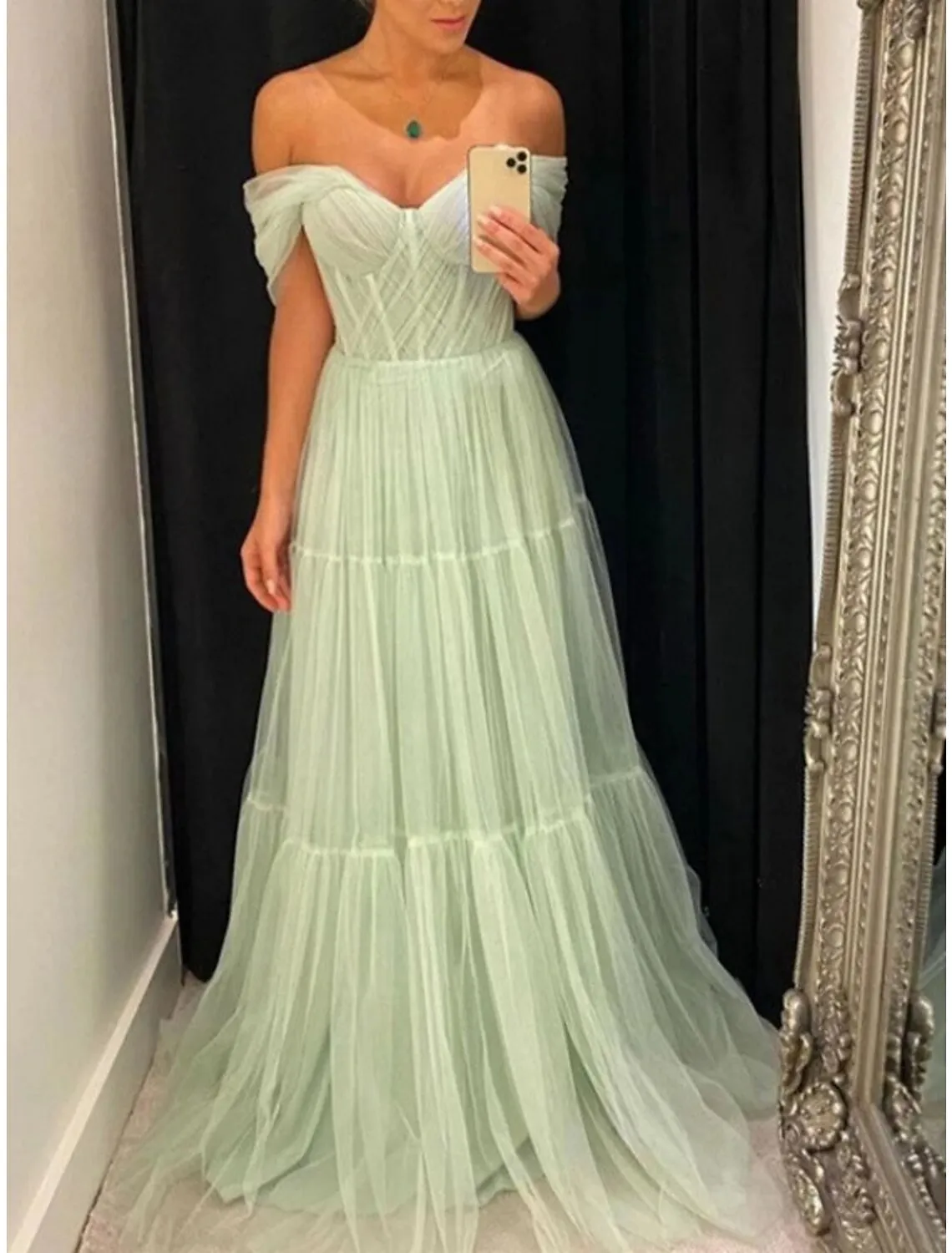 A-Line Evening Gown Elegant Dress Formal Sweep / Brush Train Christmas Red Green Dress Short Sleeve Off Shoulder Tulle with Pleats