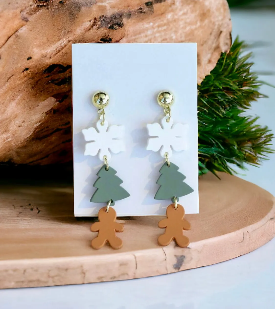 Acryllic Snowflake, Christmas Tree, and Gingerbread Man Holiday Stud Drop Earrings