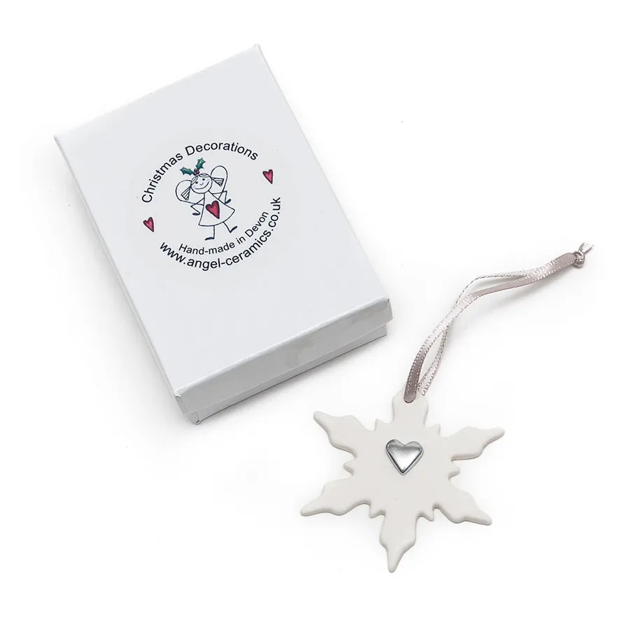 Angel Ceramics Matt Snowflake with Silver Heart Hanging Decoration