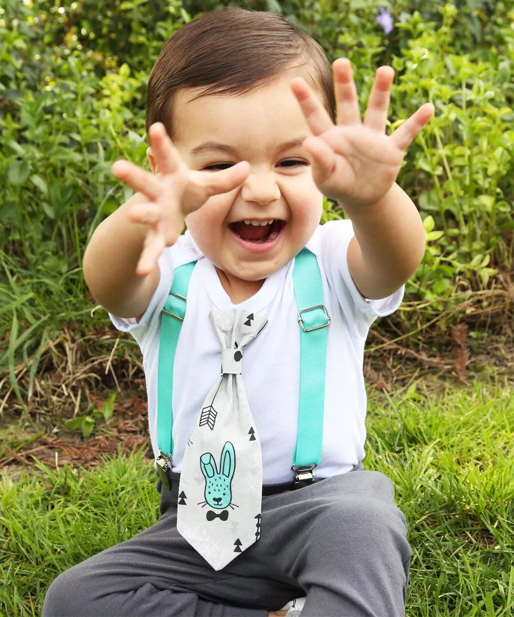 Baby Boy Easter Outfit with Bunny Tie and Mint Suspenders