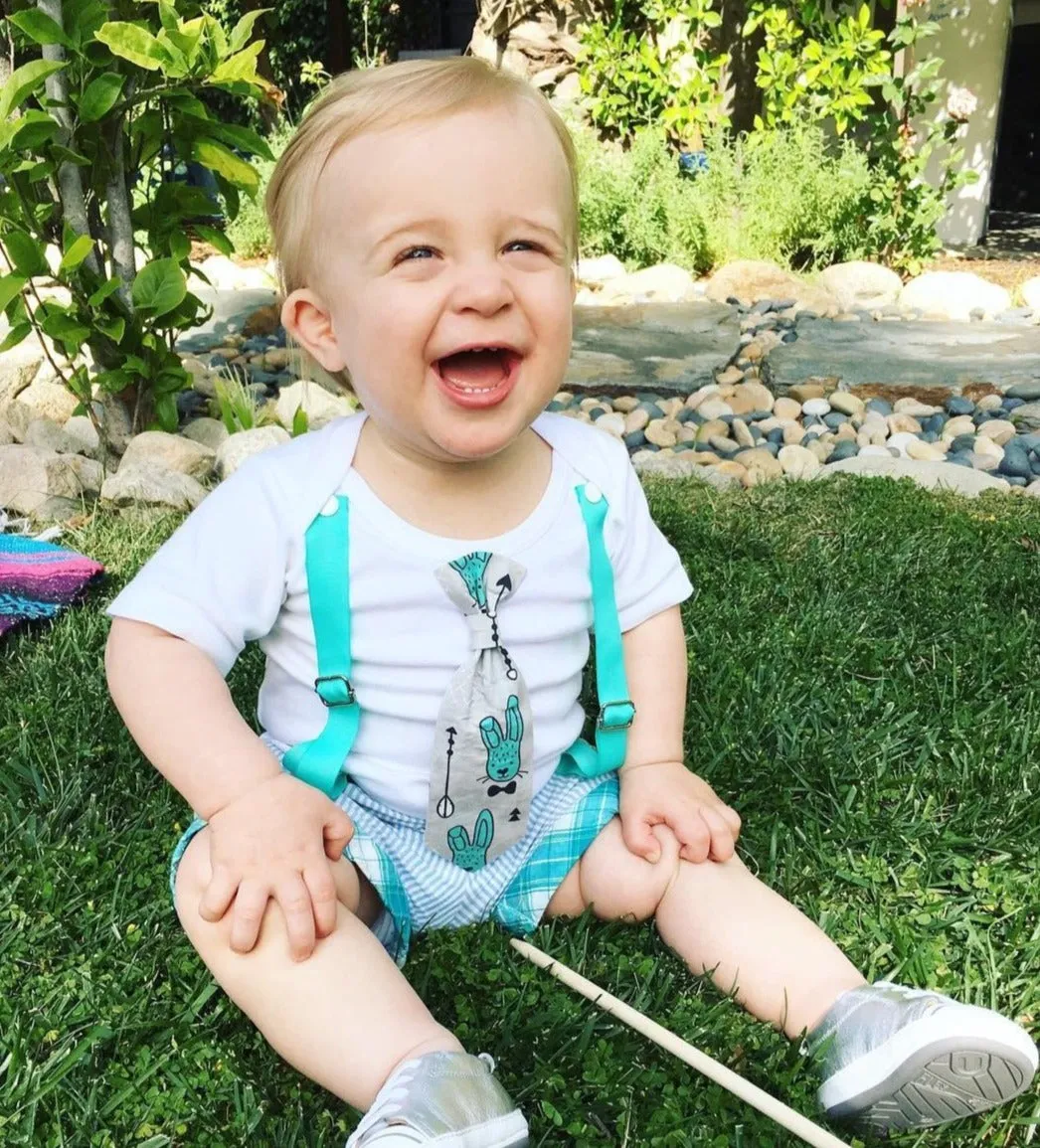 Baby Boy Easter Outfit with Bunny Tie and Mint Suspenders