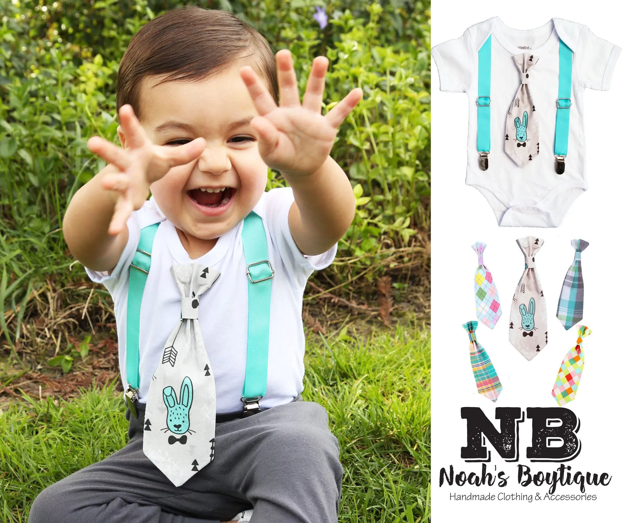 Baby Boy Easter Outfit with Bunny Tie and Mint Suspenders