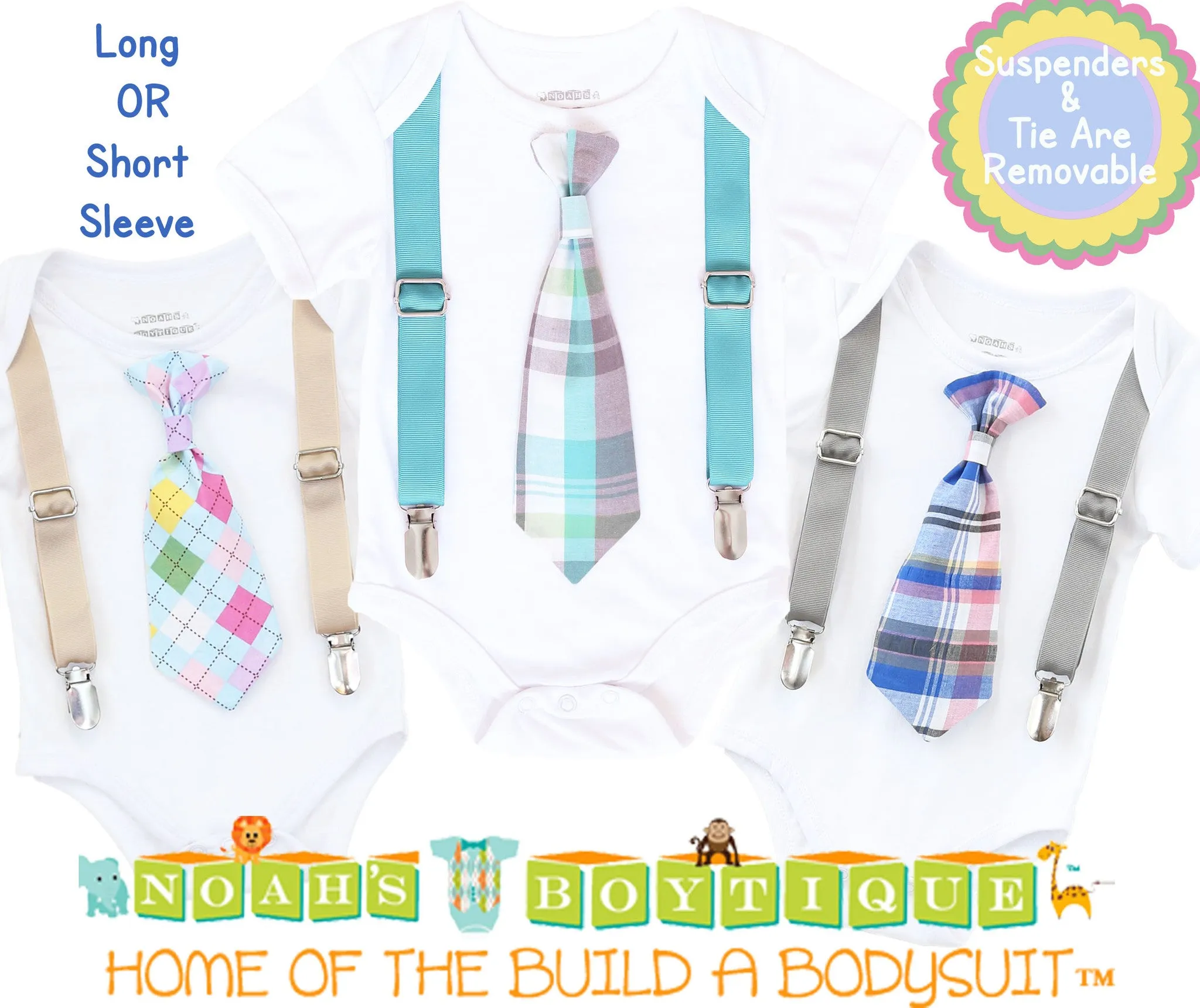 Baby Boy Easter Outfit with Bunny Tie and Mint Suspenders