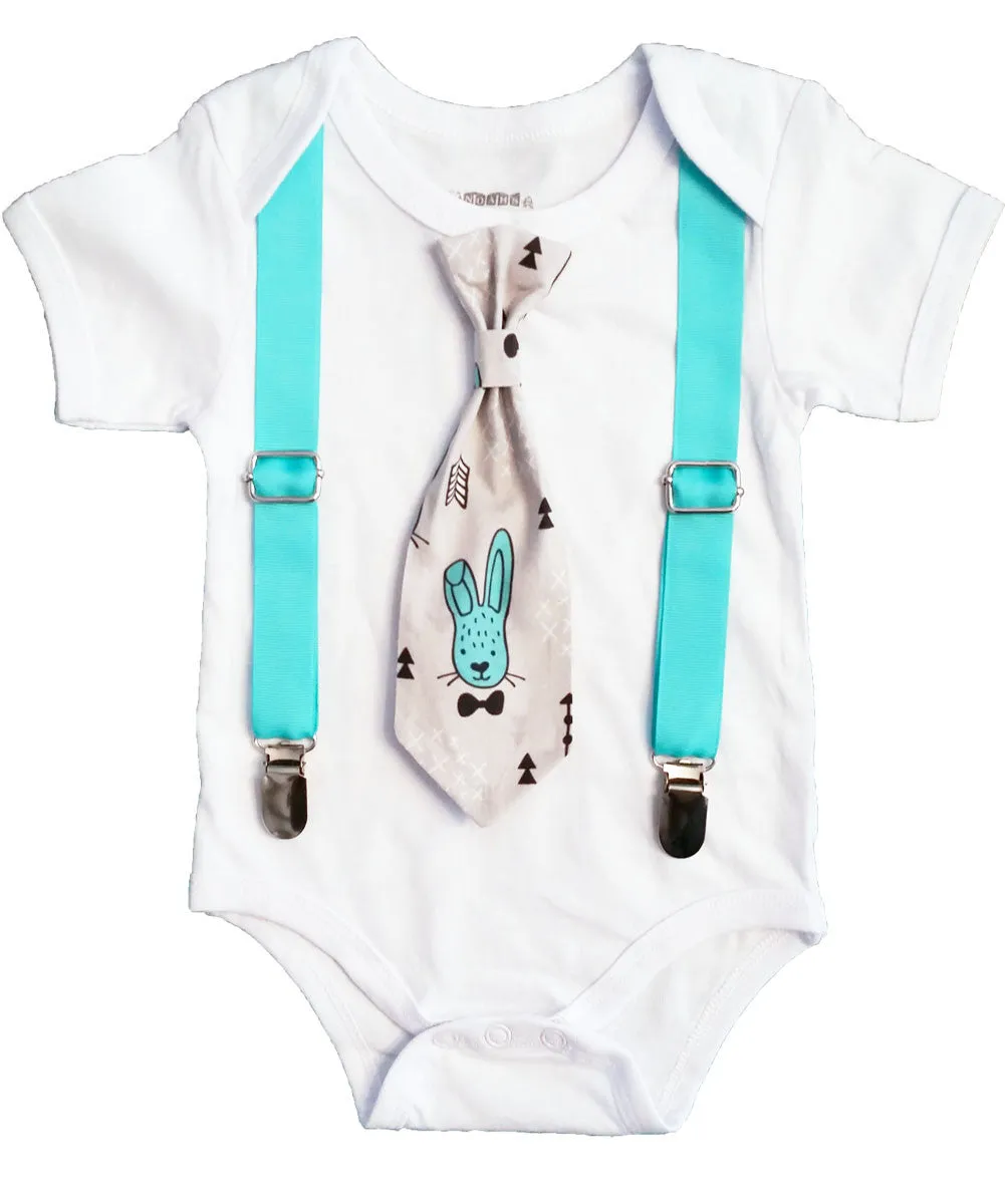 Baby Boy Easter Outfit with Bunny Tie and Mint Suspenders