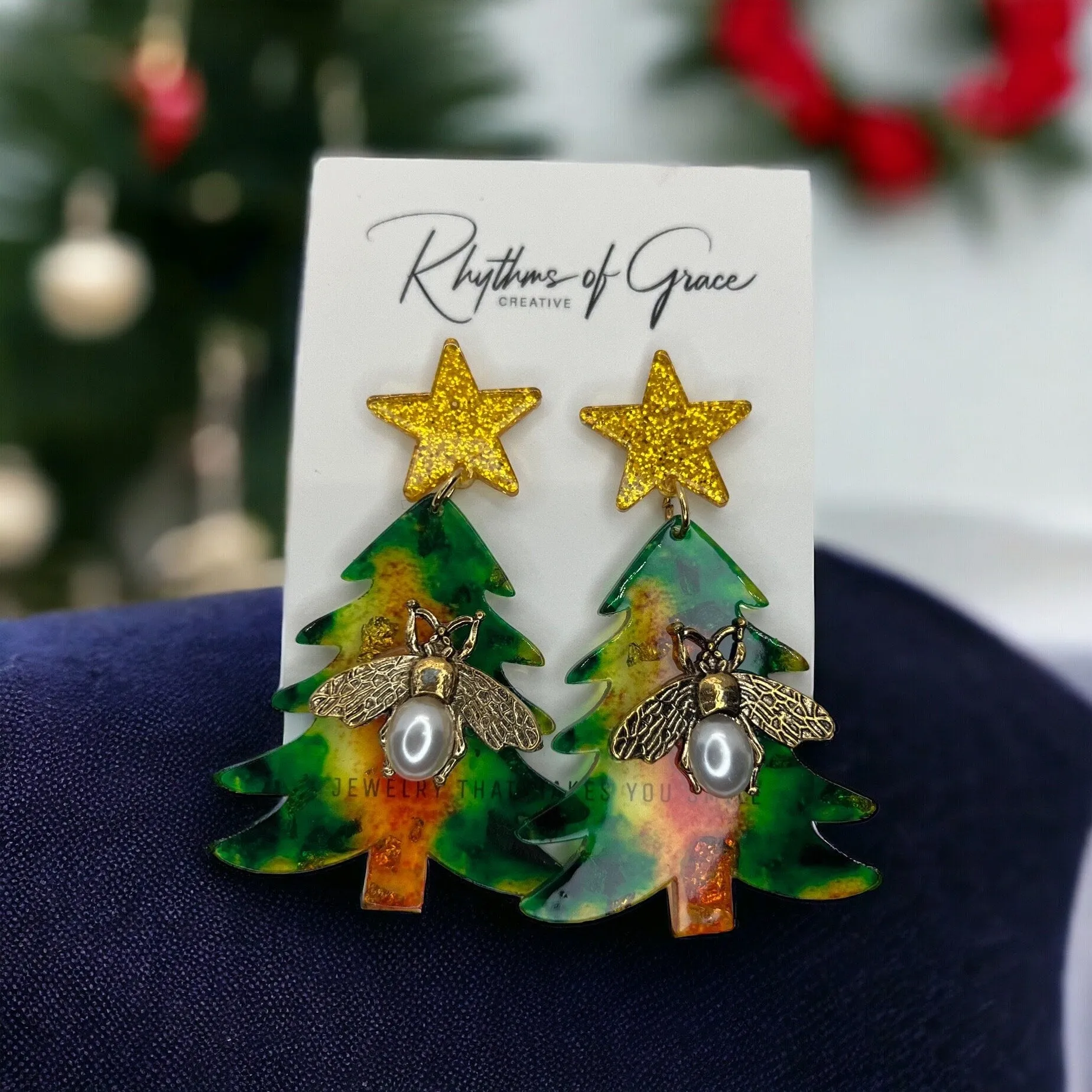 Christmas Tree Earrings - Christmas Jewelry, Handmade Earrings, Honeybee Earrings, Christmas Earrings, Bee Earrings, Tree Earrings, Holiday