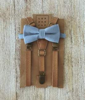 Dusty Blue Cotton Bow Tie with Vintage Tan Suspender Set