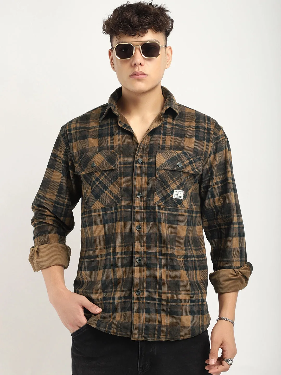 Fabric Corduroy Brown Checkerd Full Sleeve Shirt