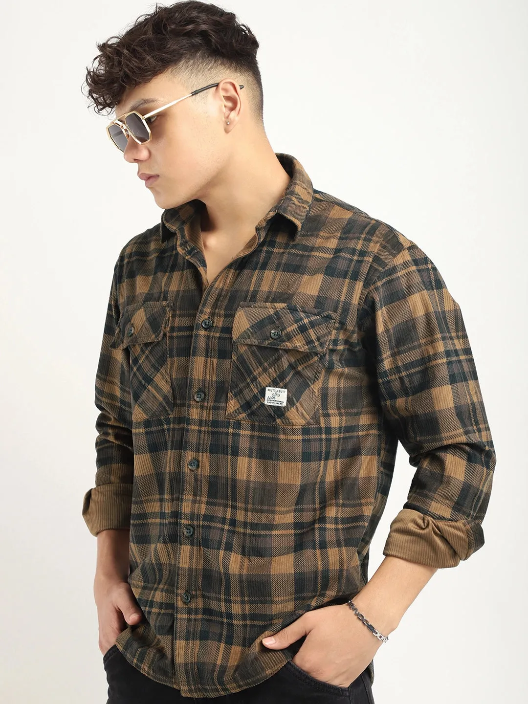 Fabric Corduroy Brown Checkerd Full Sleeve Shirt