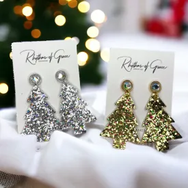 Glitter Christmas Tree Earrings - Christmas Earrings, Rhinestone Christmas, Christmas Jewelry, Christmas Jewelry, Handmade Earrings, Glitter Trees