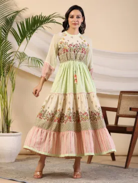 Juniper Green Wonderland Cotton & Chiffon Floral Printed Tiered Maxi Dress With Lace & 3D Handwork