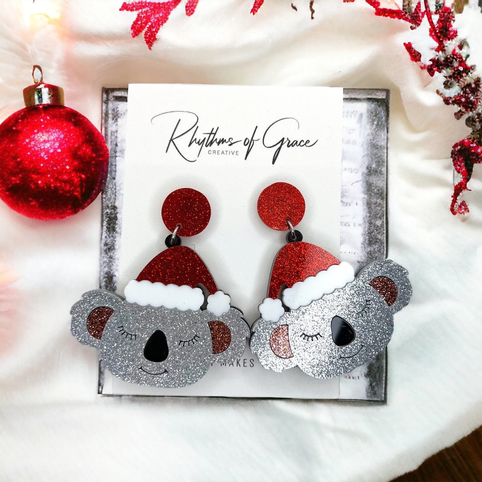 Koala Earrings - Christmas Earrings, Koala Christmas, Christmas Jewelry, Christmas Jewelry, Handmade Earrings, Santa Hat, Koala Santa