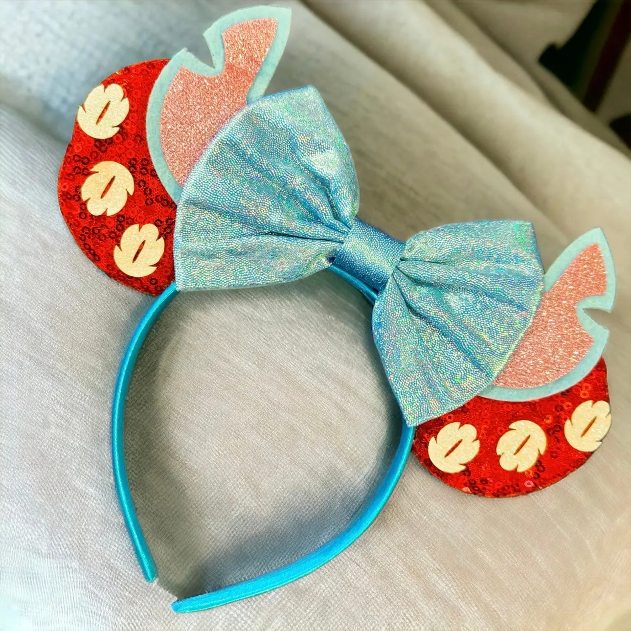 Lilo and Stitch Inspired Sequin Disney Mouse Ears with Glitter Bow - NEW