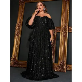 Plus Size Off Shoulder Silver Sequined Evening Dress