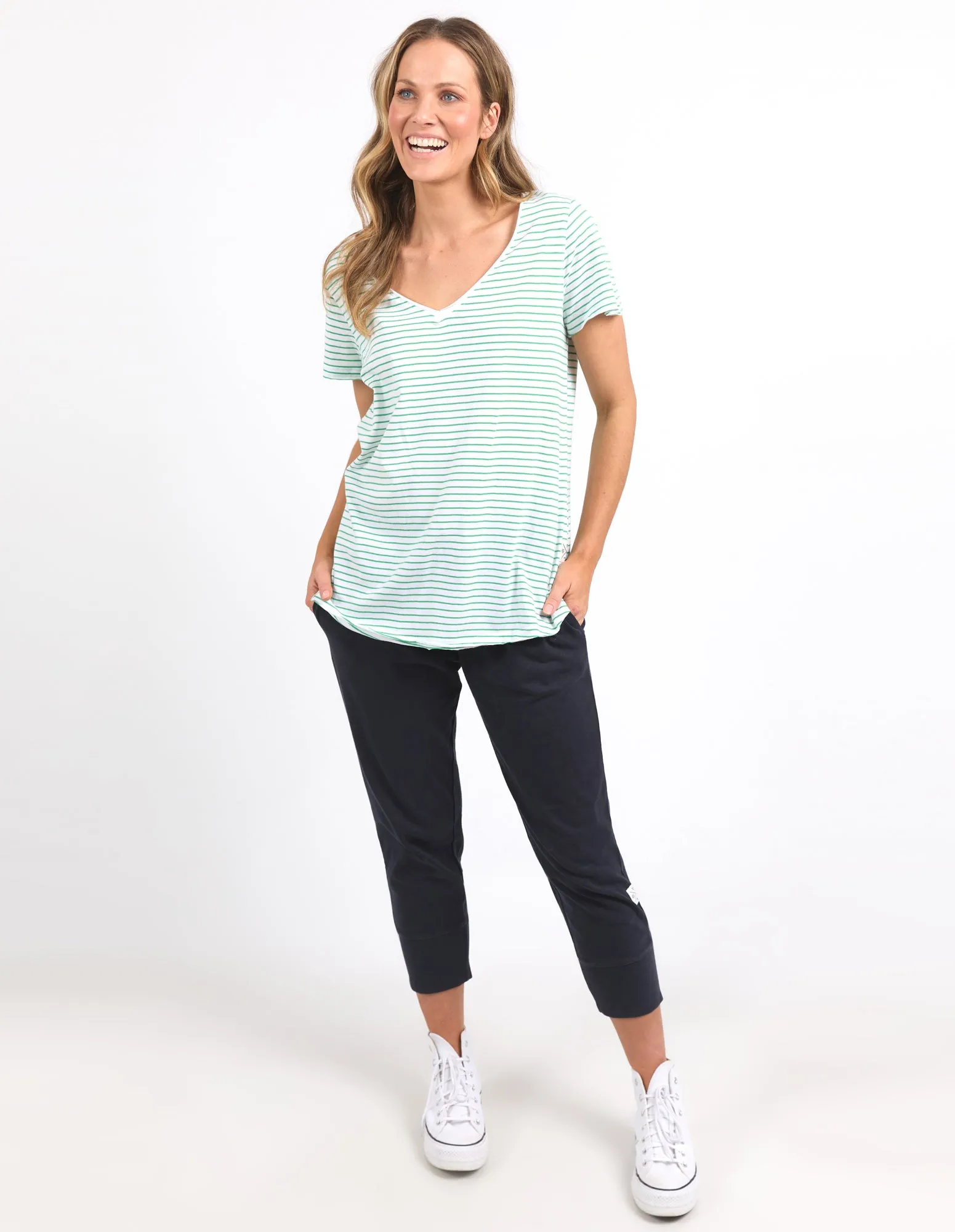 Remi Stripe Vee Tee White/Green Stripe