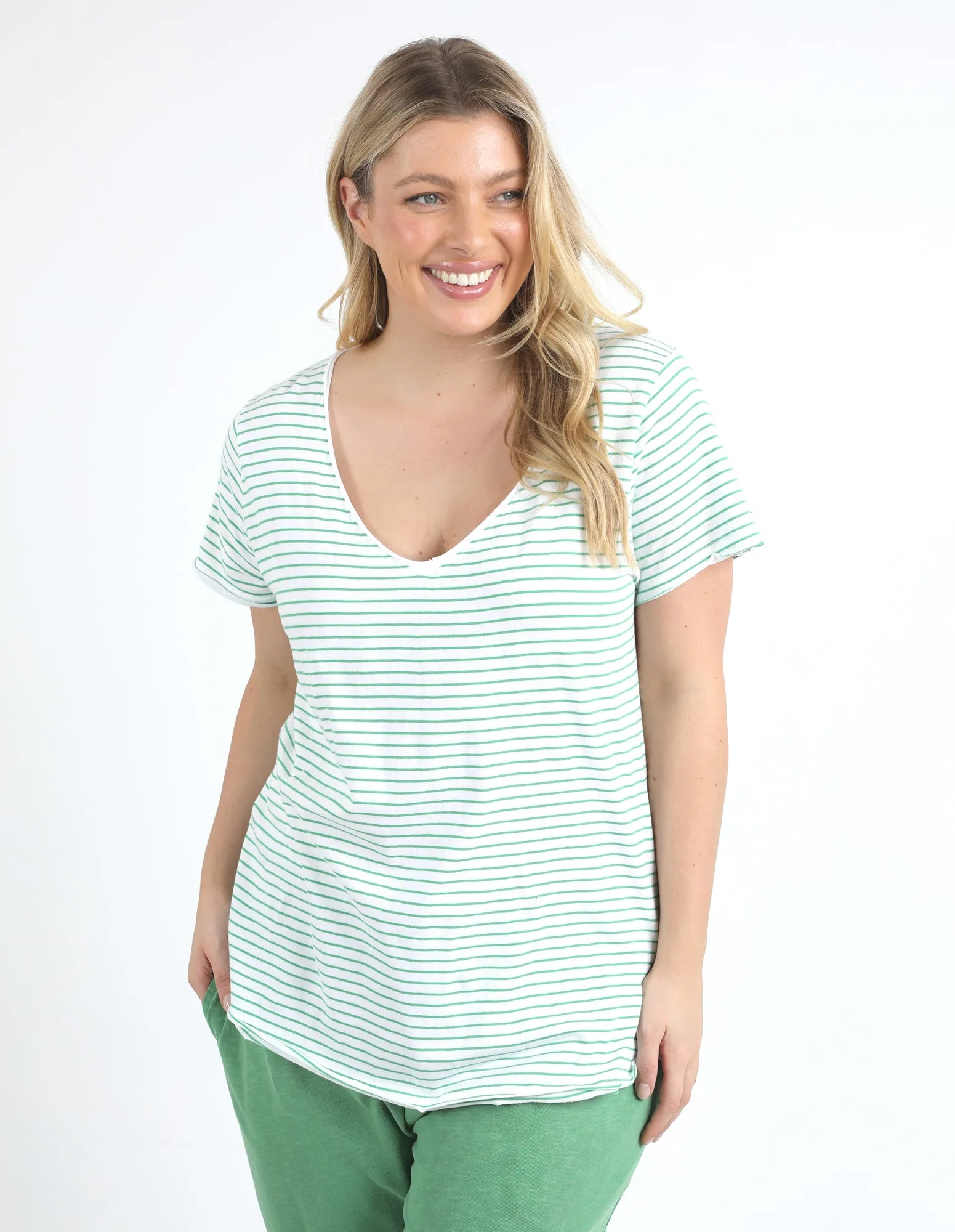 Remi Stripe Vee Tee White/Green Stripe