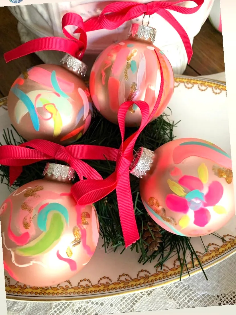 Set of 4 PInk Painted Ornaments