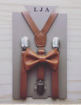 Skinny Caramel Suspenders with Caramel Leather Bow Tie