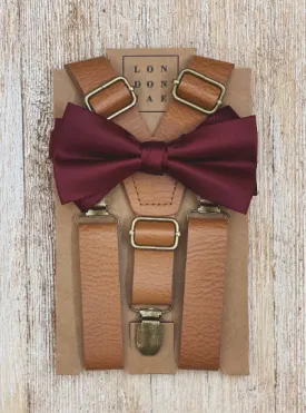 Skinny Vintage Tan Suspenders with Burgundy Wine Bow Tie