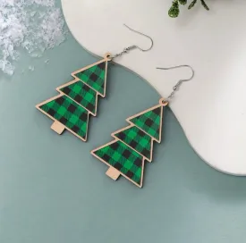 Wooden Green Plaid Christmas Tree Earrings